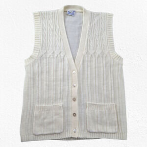 80s Vintage Cream Cable Knit Sweater Vest Button Front Grandmacore Size Small